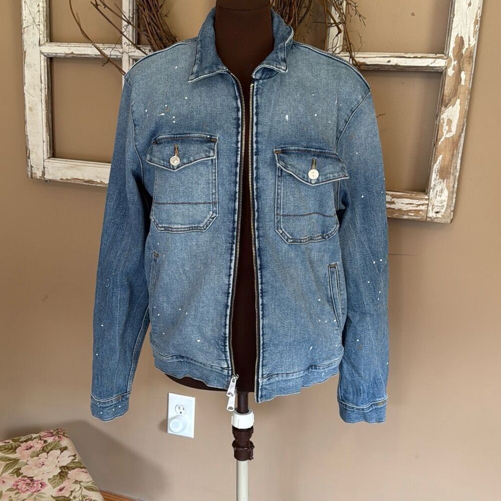 7 for all mankind mens denim trucker jacket size medium paint splatter distresse